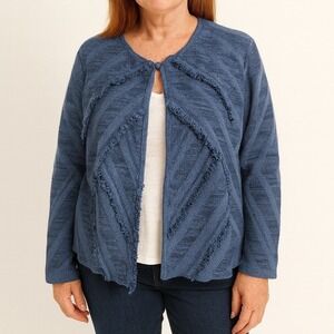 Chico's Blue Cotton Blend Fringe Textured Cardigan Sweater‎ 3 XL (16) Stripe